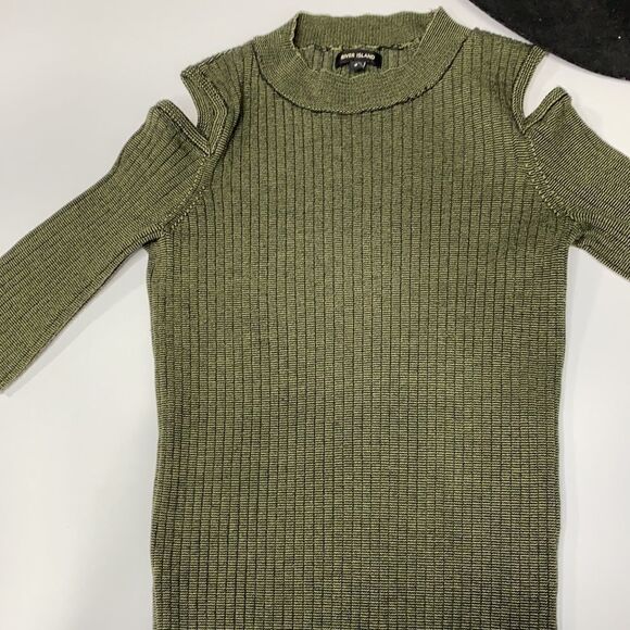 River Island Cold Shoulder Crew Stretchy Ribbed 3/4 Sleeve Crew Sweater Olive XS - Picture 3 of 8